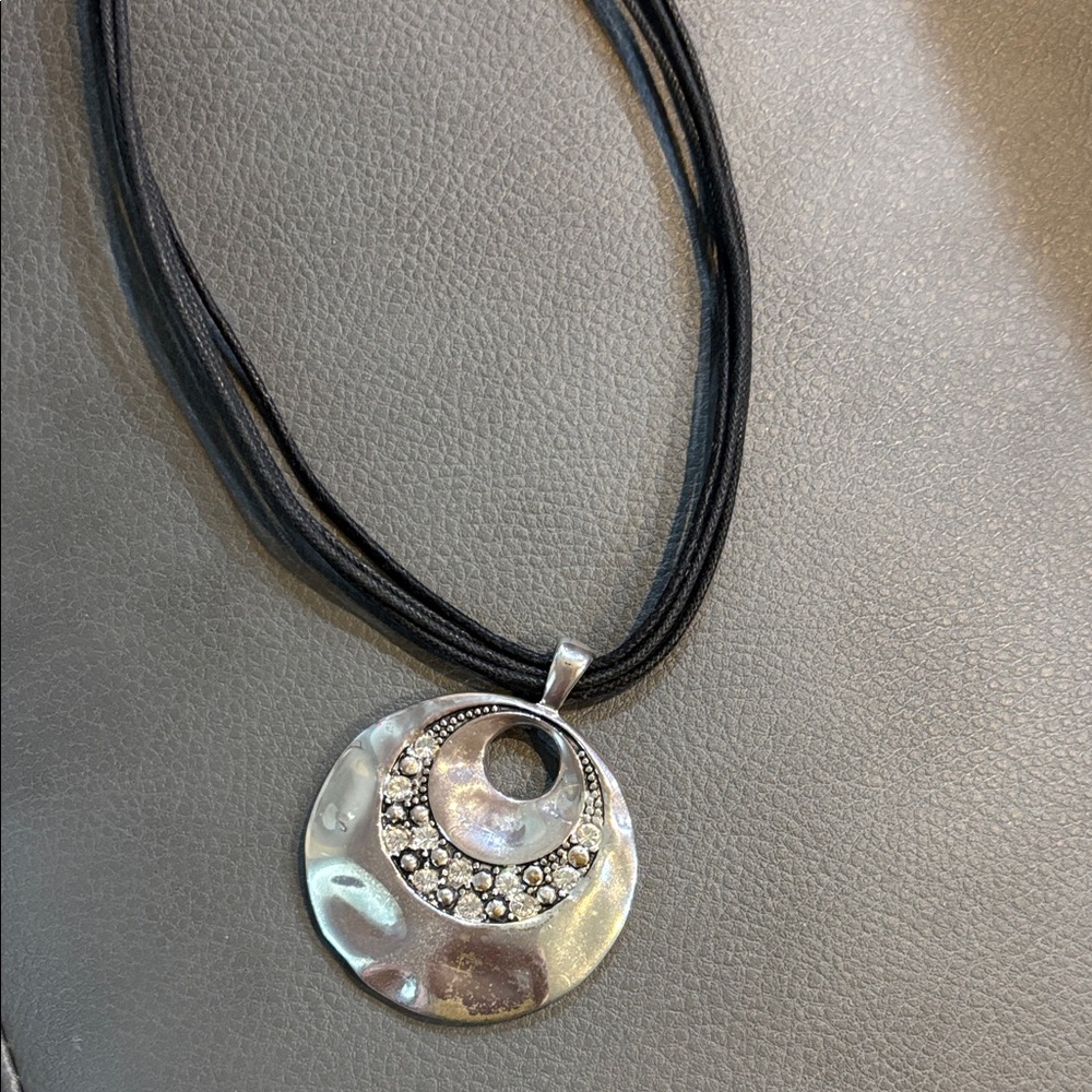 Silver Circle Pendant Necklace with Black Cord